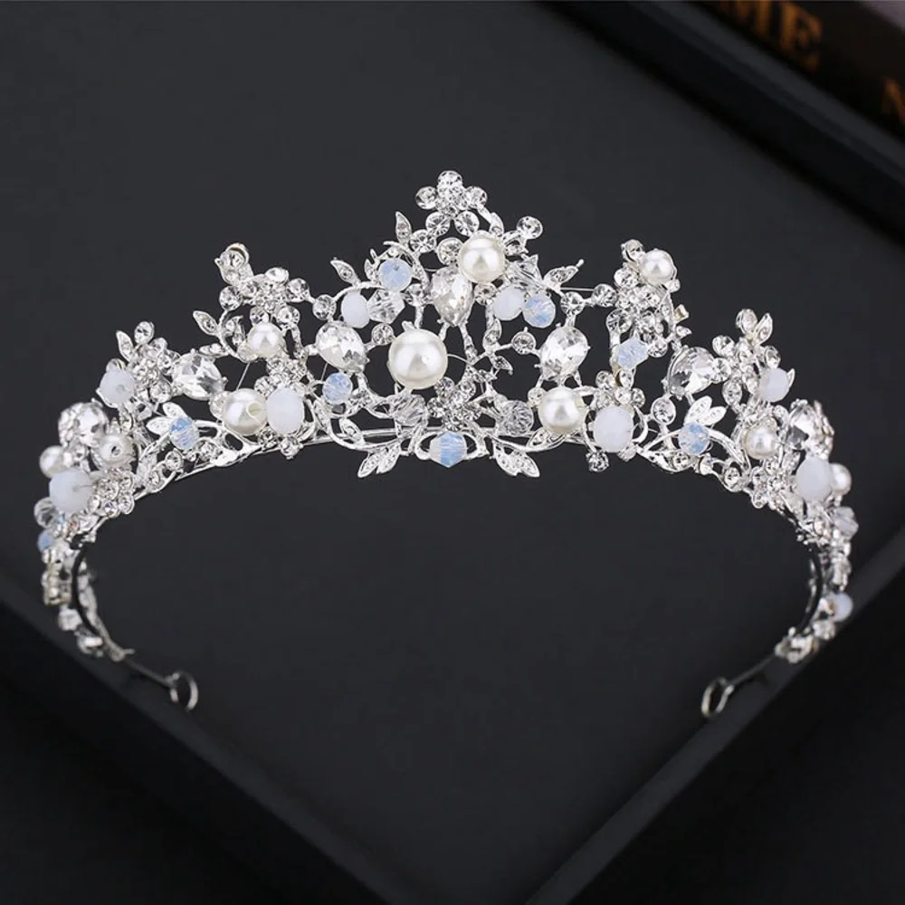 Pearl tiara crown party floral crystal hair accessories
